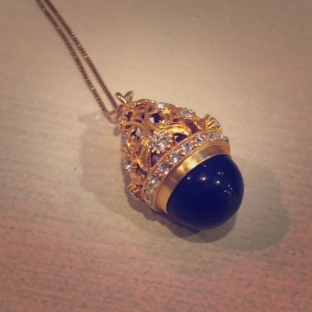 Stunning blue gold & diamond faberge egg necklace